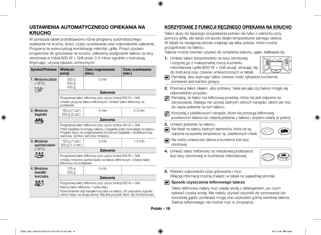 Samsung FG87SST/XEH Ustawienia Automatycznego Opiekania NA Krucho, Korzystanie Z Funkcji Ręcznego Opiekania NA Krucho 