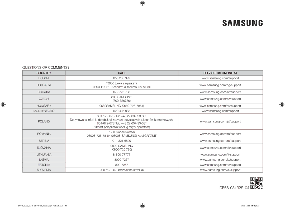 Samsung FG87SUST/XEO, FG87SST/XEH, FG87SUB/XEO, FG87SUB/BOL manual Questions or COMMENTS?, Country Call Or Visit US Online AT 