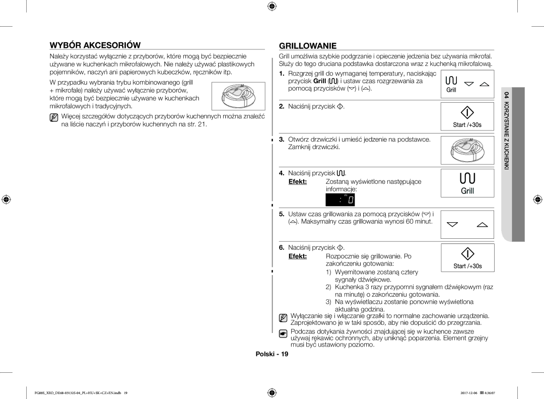 Samsung FG87SUST/ELE, FG87SUST/XEO, FG87SST/XEH, FG87SUB/XEO, FG87SUB/BOL manual Wybór Akcesoriów, Grillowanie 