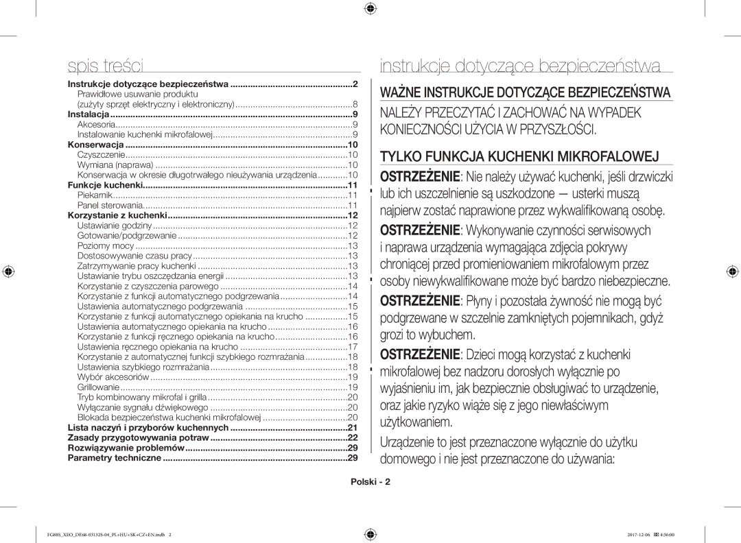 Samsung FG87SUB/XEO, FG87SUST/XEO Spis treści, Instrukcje dotyczące bezpieczeństwa, Prawidłowe usuwanie produktu, Polski 