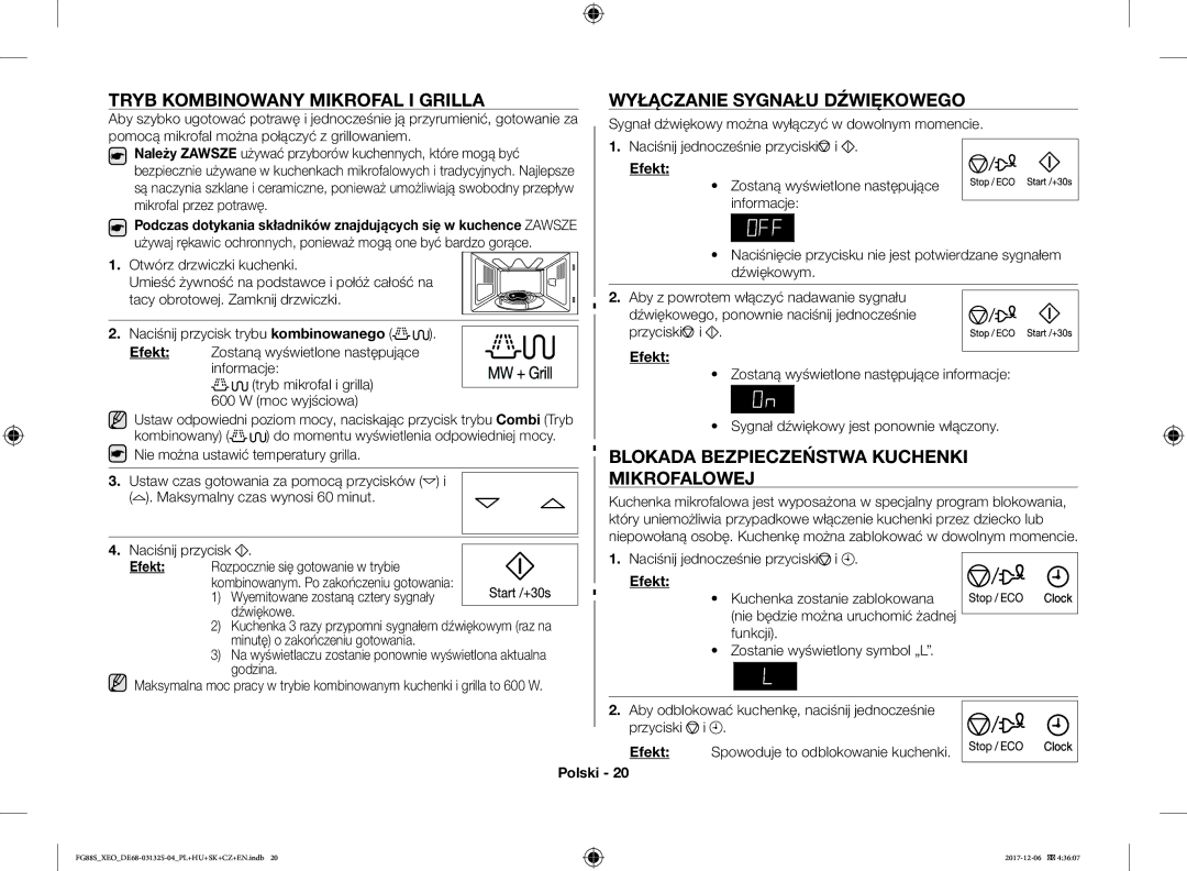 Samsung FG87SUST/XEO, FG87SST/XEH, FG87SUB/XEO manual Tryb Kombinowany Mikrofal I Grilla, Wyłączanie Sygnału Dźwiękowego 