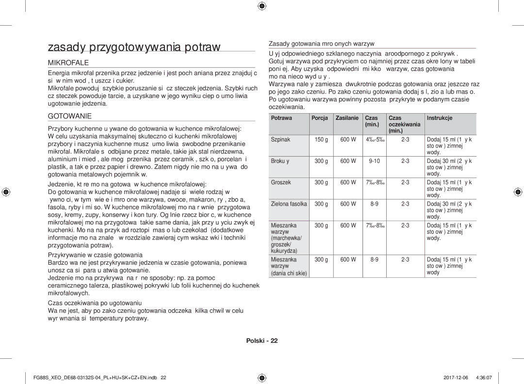 Samsung FG87SUB/XEO Zasady przygotowywania potraw, Mikrofale, Gotowanie, Potrawa Porcja Zasilanie Czas Instrukcje Min 