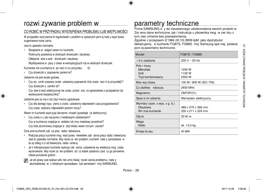 Samsung FG87SUST/ELE Rozwiązywanie problemów, Parametry techniczne, Kuchenka nie uruchamia się po naciśnięciu przycisku 