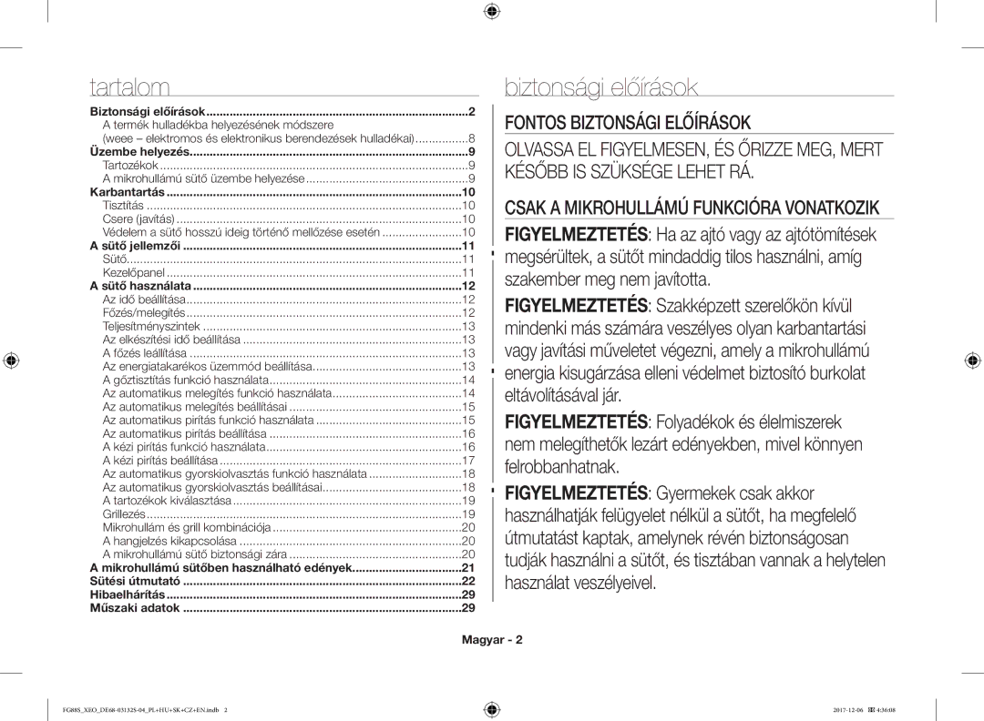 Samsung FG87SUST/ELE, FG87SUST/XEO manual Tartalom, Biztonsági előírások, Termék hulladékba helyezésének módszere, Magyar 