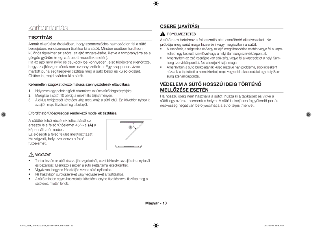 Samsung FG87SUB/XEO manual Karbantartás, Tisztítás, Csere Javítás, Védelem a Sütő Hosszú Ideig Történő Mellőzése Esetén 