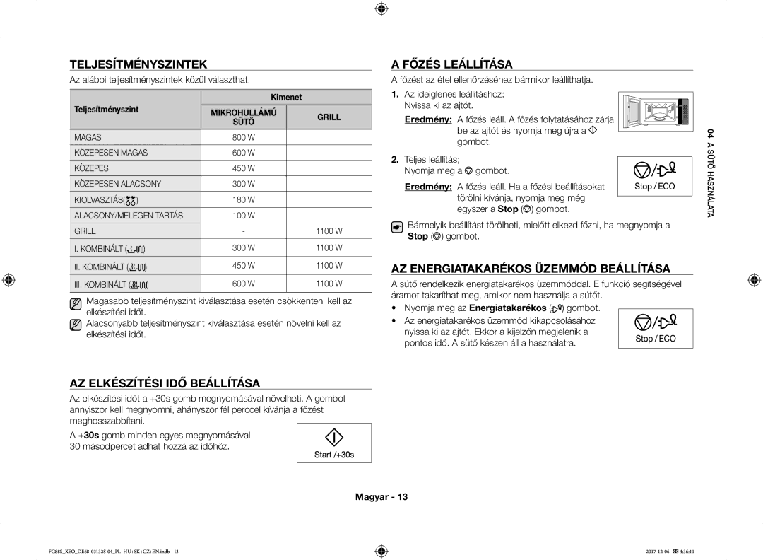 Samsung FG87SUST/XEO, FG87SST/XEH manual Teljesítményszintek, Főzés Leállítása, AZ Energiatakarékos Üzemmód Beállítása 