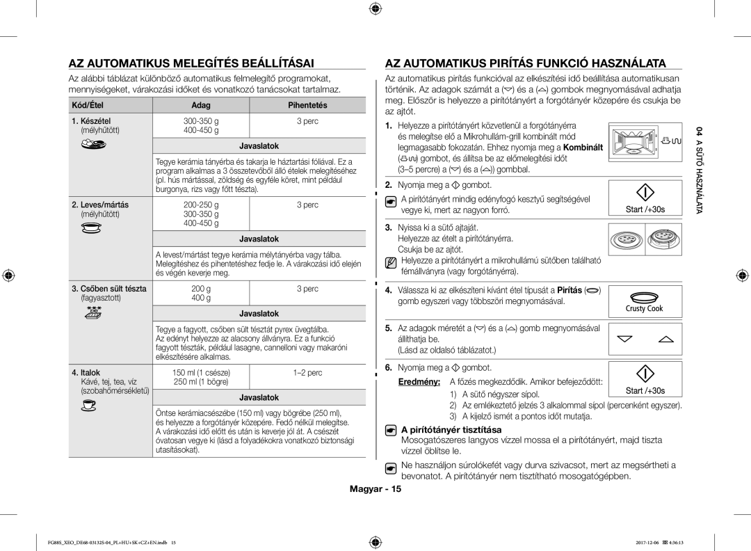 Samsung FG87SUB/XEO, FG87SUST/XEO manual AZ Automatikus Melegítés Beállításai, AZ Automatikus Pirítás Funkció Használata 