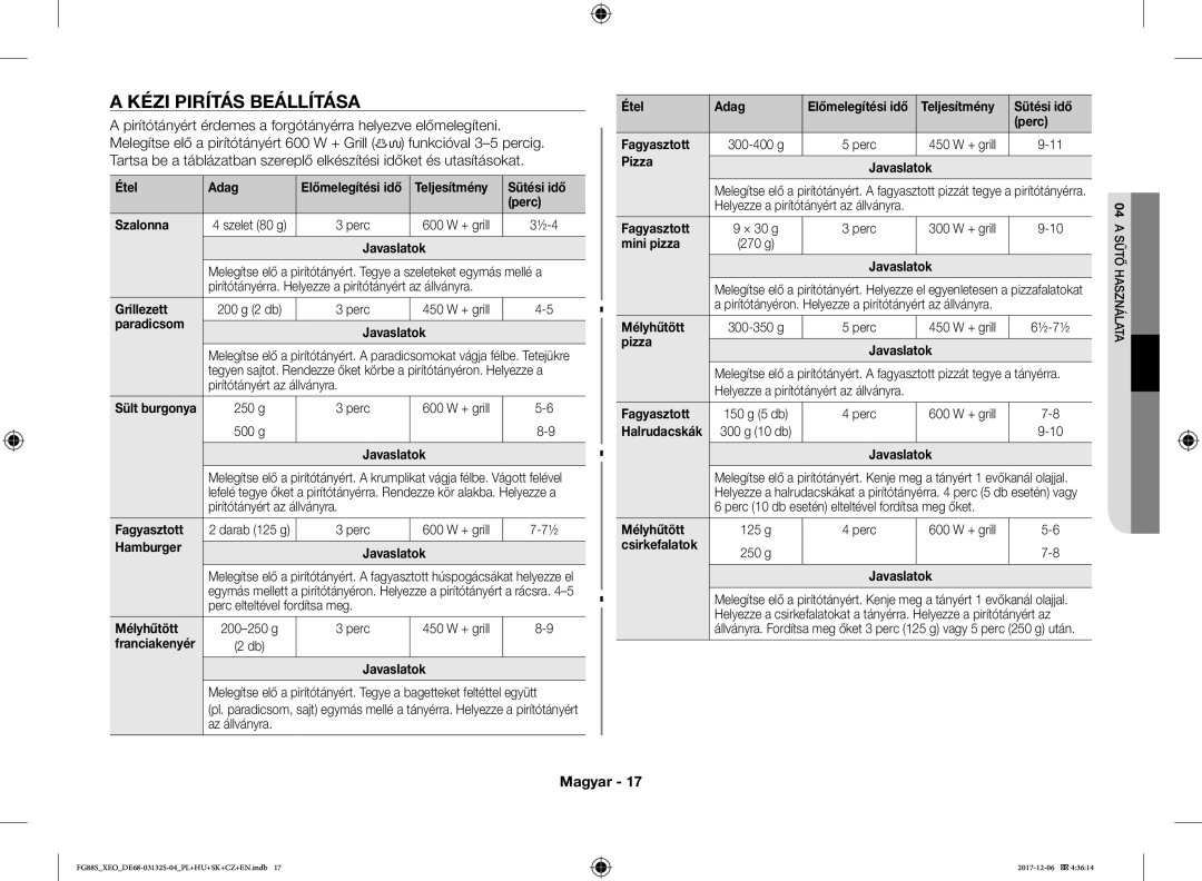 Samsung FG87SUST/ELE, FG87SUST/XEO, FG87SST/XEH, FG87SUB/XEO, FG87SUB/BOL manual Kézi Pirítás Beállítása 