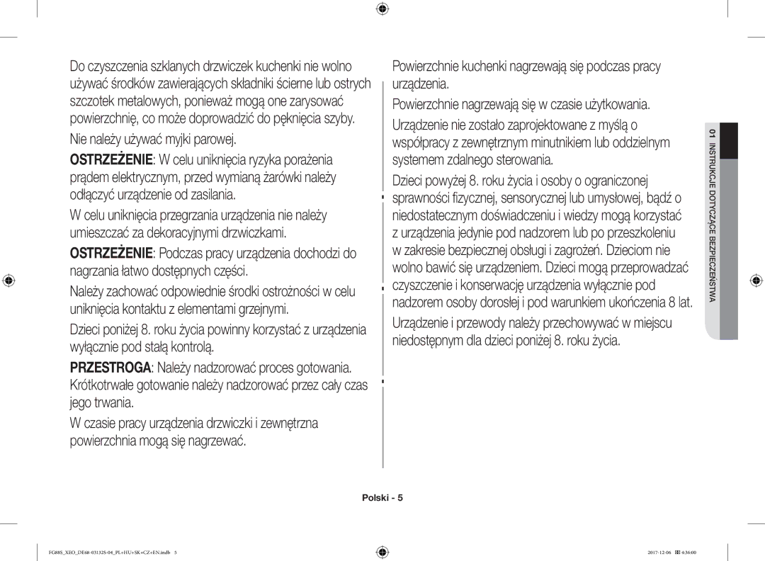 Samsung FG87SUST/XEO, FG87SST/XEH, FG87SUB/XEO, FG87SUB/BOL, FG87SUST/ELE manual Nie należy używać myjki parowej 