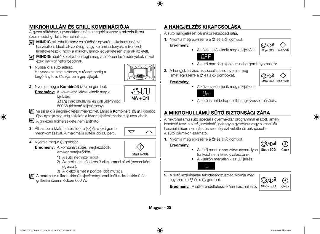 Samsung FG87SUB/XEO manual Mikrohullám ÉS Grill Kombinációja, Hangjelzés Kikapcsolása, Mikrohullámú Sütő Biztonsági Zára 