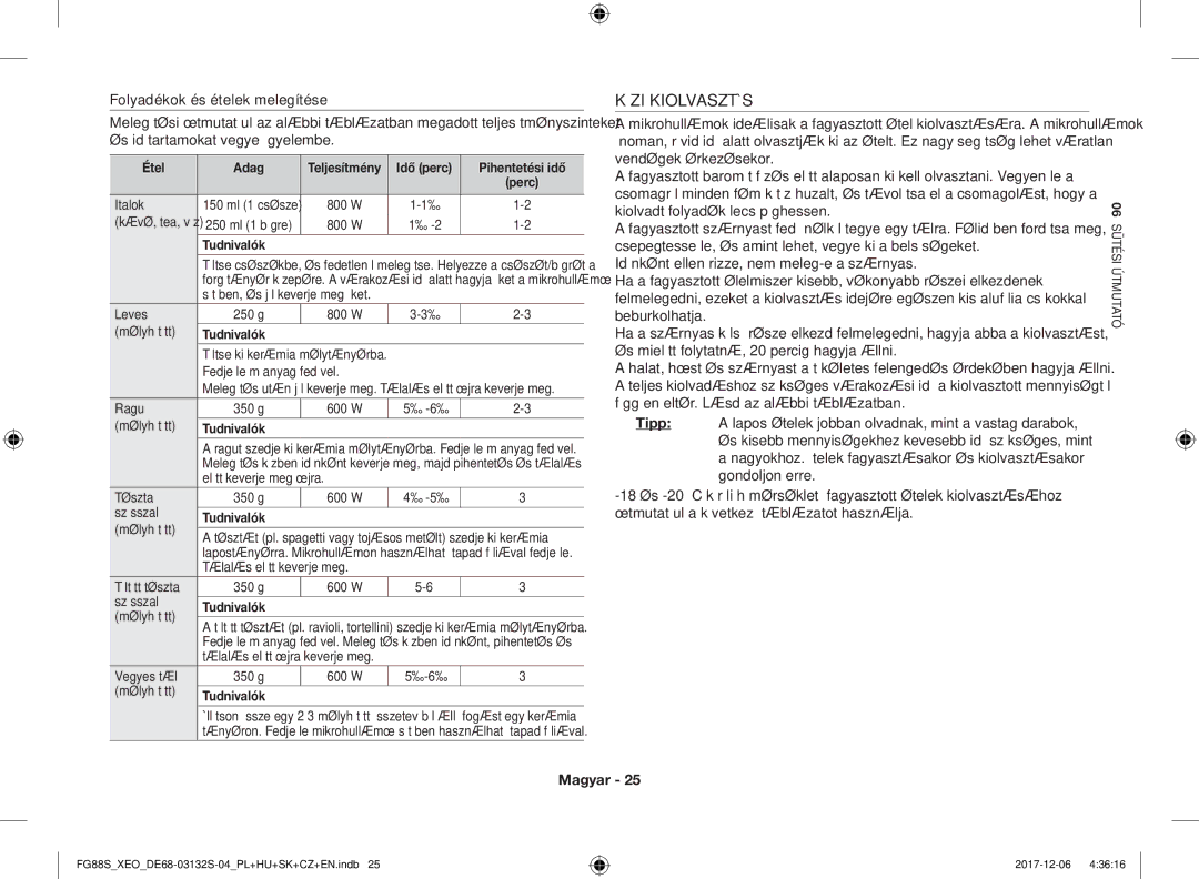 Samsung FG87SUB/XEO, FG87SUST/XEO, FG87SST/XEH, FG87SUB/BOL, FG87SUST/ELE manual Kézi Kiolvasztás, Idő perc Pihentetési idő 