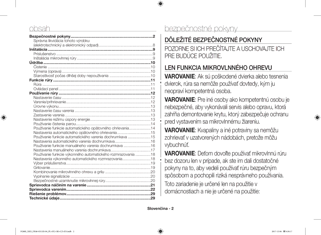 Samsung FG87SST/XEH, FG87SUST/XEO, FG87SUB/XEO Obsah, Bezpečnostné pokyny, Správna likvidácia tohoto výrobku, Slovenčina 