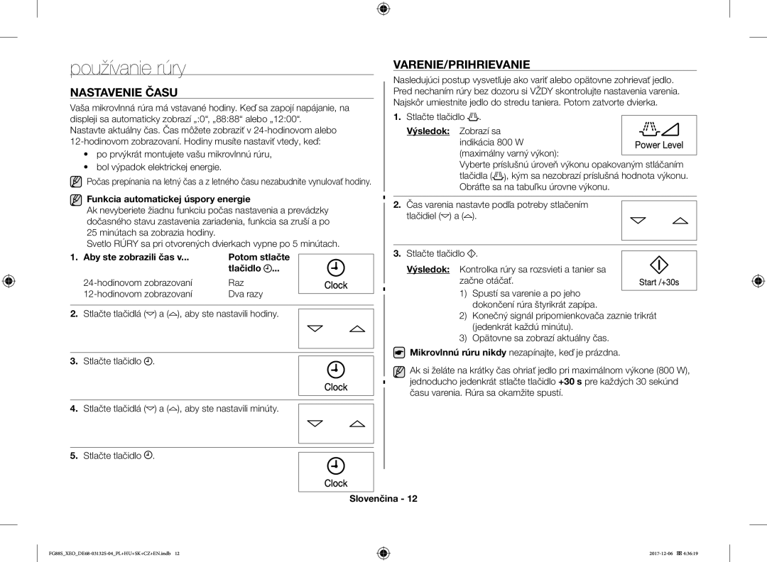 Samsung FG87SST/XEH, FG87SUST/XEO, FG87SUB/XEO, FG87SUB/BOL manual Používanie rúry, Nastavenie Času, Varenie/Prihrievanie 