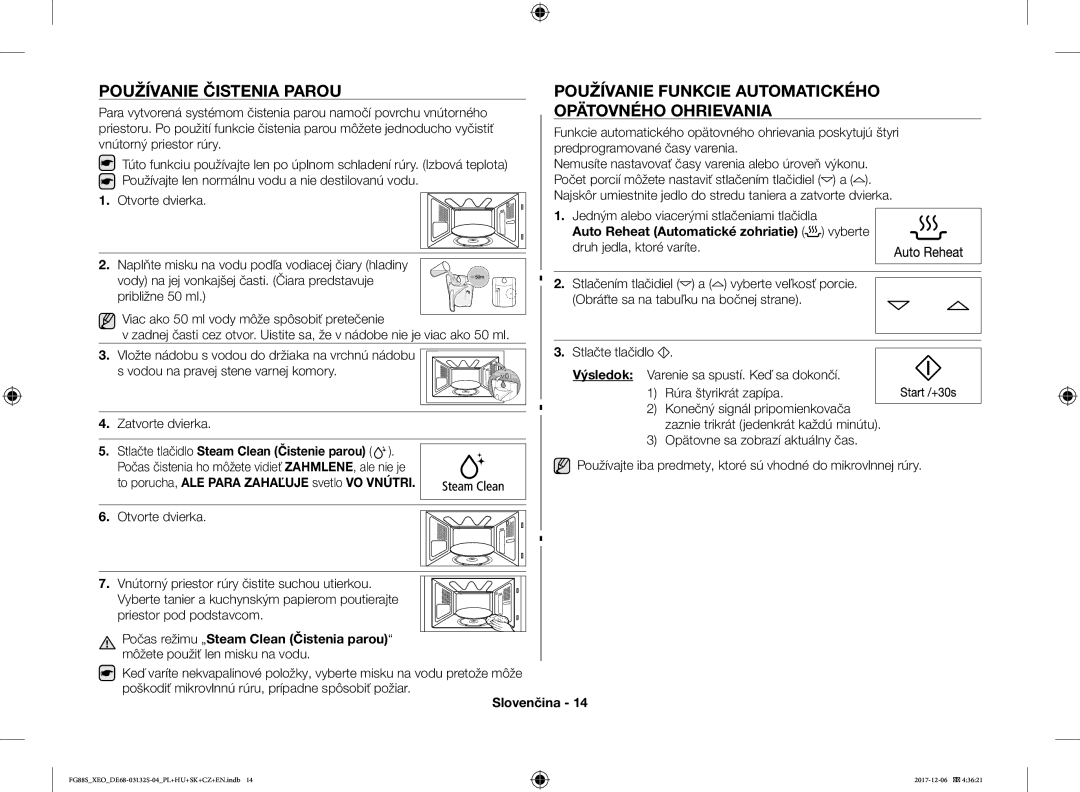 Samsung FG87SUB/BOL manual Používanie Čistenia Parou Používanie Funkcie Automatického, Opätovného Ohrievania, Vyberte 