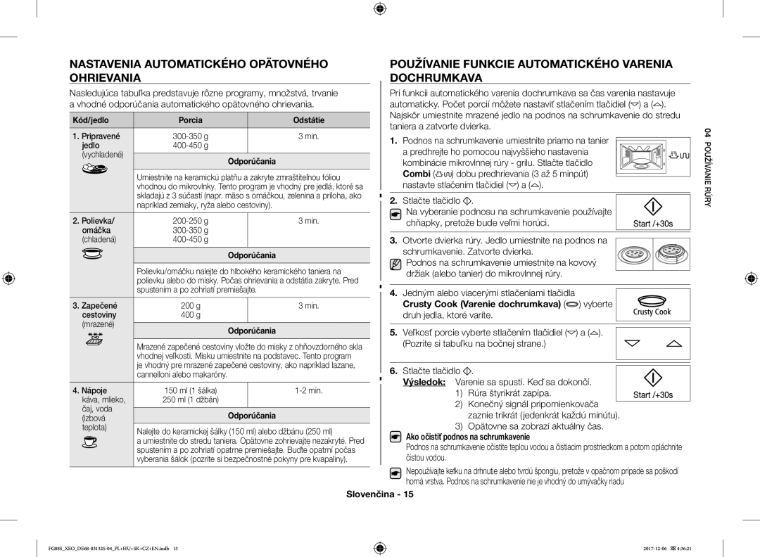 Samsung FG87SUST/ELE Nastavenia Automatického Opätovného Ohrievania, Používanie Funkcie Automatického Varenia Dochrumkava 