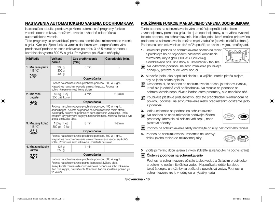 Samsung FG87SUST/XEO Používanie Funkcie Manuálneho Varenia Dochrumkava, Kód/jedlo Veľkosť Čas predhrievania, Porcie Min 