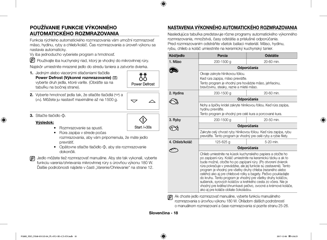 Samsung FG87SUB/XEO manual Používanie Funkcie Výkonného Automatického Rozmrazovania, Výsledok, Kód/jedlo Porcia Odstátie 