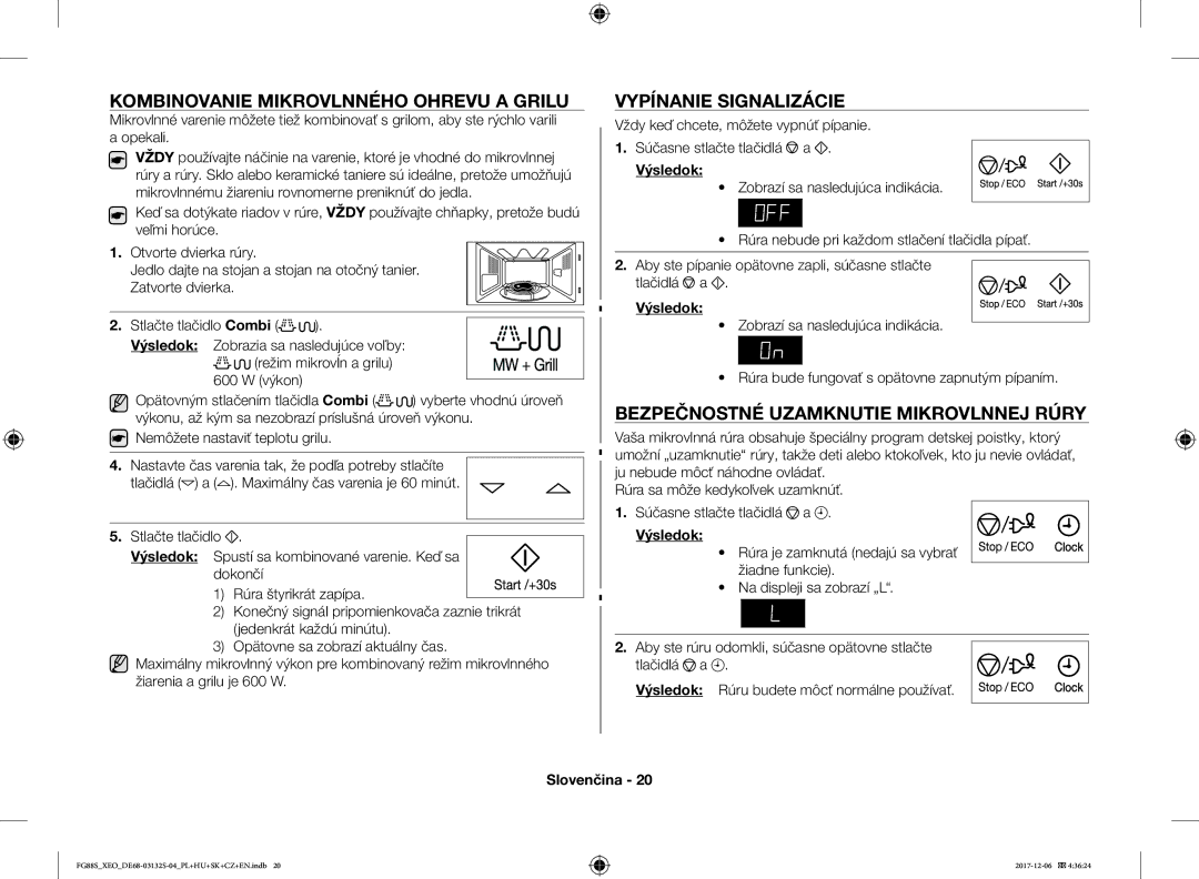 Samsung FG87SUST/ELE, FG87SUST/XEO, FG87SST/XEH manual Kombinovanie Mikrovlnného Ohrevu a Grilu, Vypínanie Signalizácie 