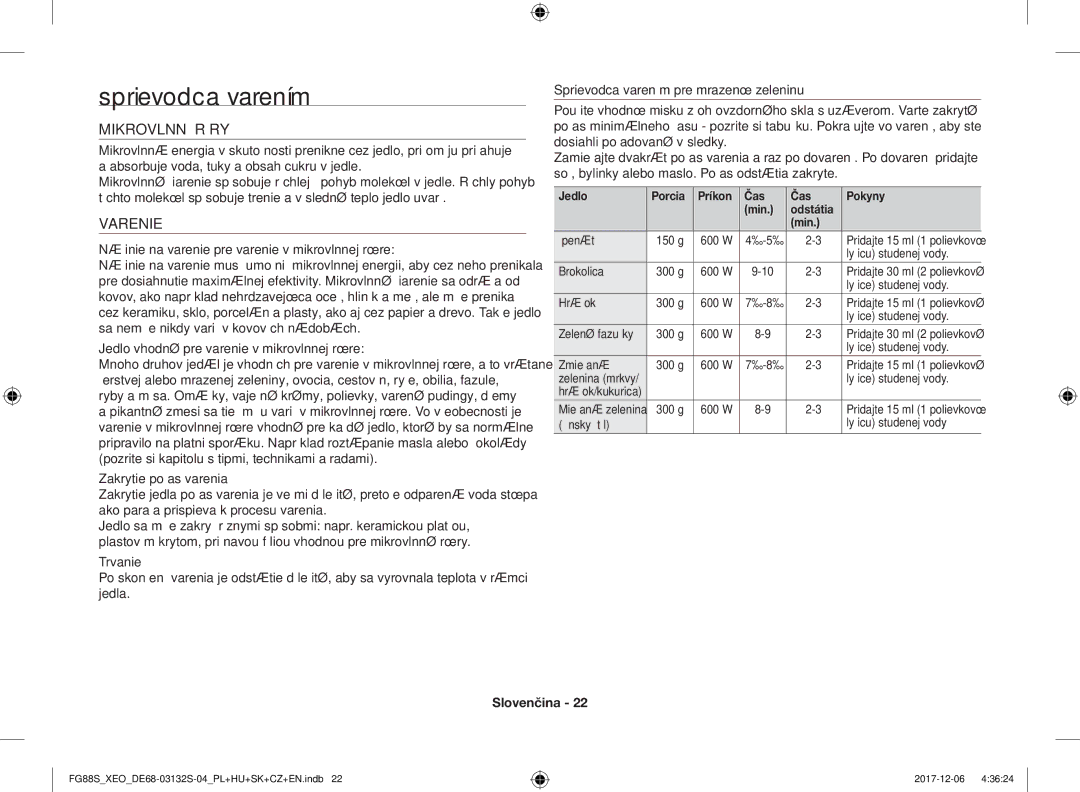 Samsung FG87SST/XEH, FG87SUB/XEO Sprievodca varením, Mikrovlnné Rúry, Varenie, Jedlo Porcia Príkon Čas Pokyny Min Odstátia 
