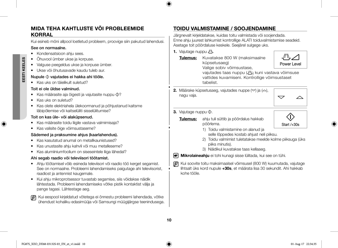 Samsung FG87SUST/XEO, FG87SUB/XEO manual Mida Teha Kahtluste VÕI Probleemide Korral, Toidu Valmistamine / Soojendamine 