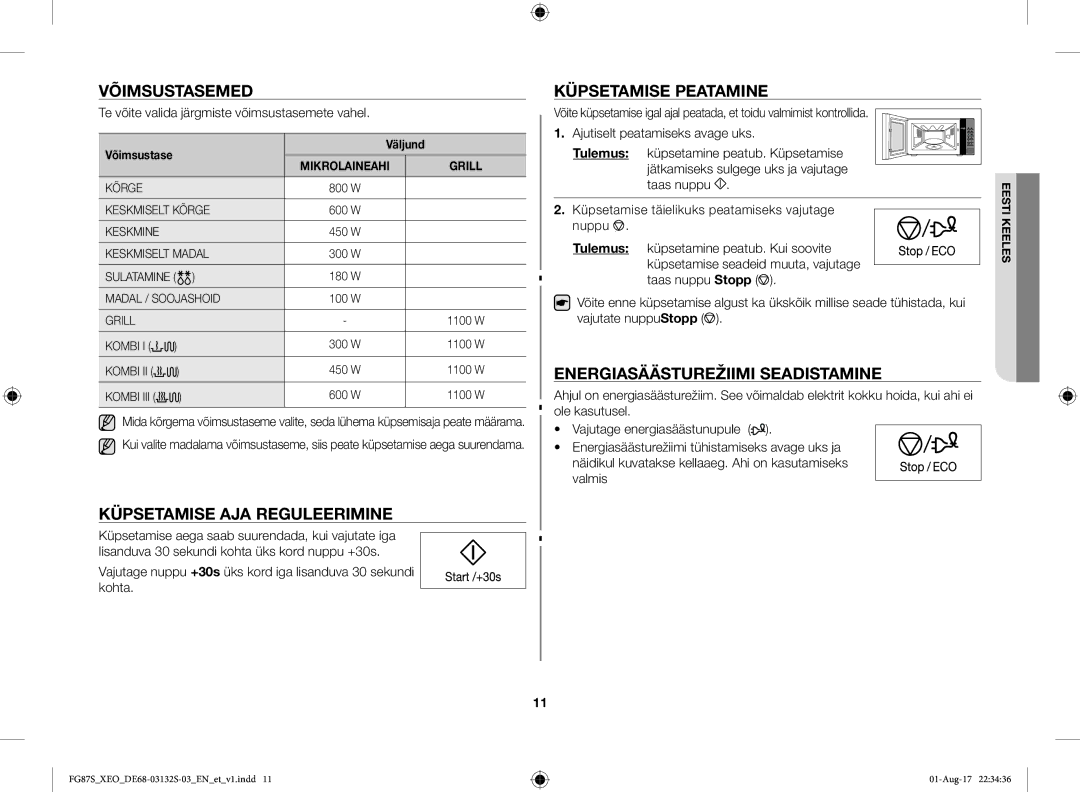 Samsung FG87SUB/XEO, FG87SUST/XEO manual Võimsustasemed, Küpsetamise AJA Reguleerimine, Küpsetamise Peatamine, Väljund 