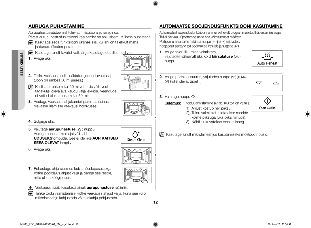 Samsung FG87SUST/XEO, FG87SUB/XEO manual Auruga Puhastamine, Automaatse Soojendusfunktsiooni Kasutamine, Sees Olevat lampi 