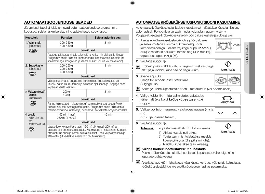 Samsung FG87SUB/XEO manual Automaatsoojenduse Seaded, Automaatse Krõbeküpsetusfunktsiooni Kasutamine, Kood/toit, Soovitused 