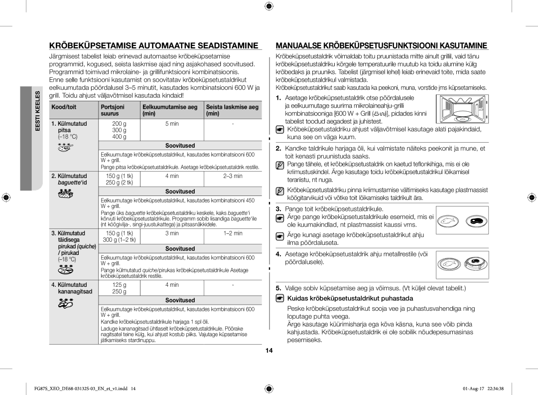 Samsung FG87SUST/XEO Krõbeküpsetamise Automaatne Seadistamine, Manuaalse Krõbeküpsetusfunktsiooni Kasutamine, Suurus Min 