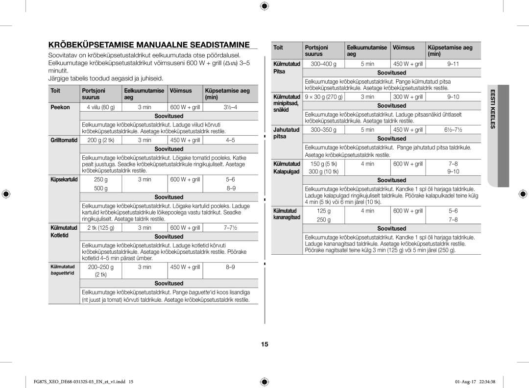 Samsung FG87SUB/XEO, FG87SUST/XEO manual Krõbeküpsetamise Manuaalne Seadistamine 