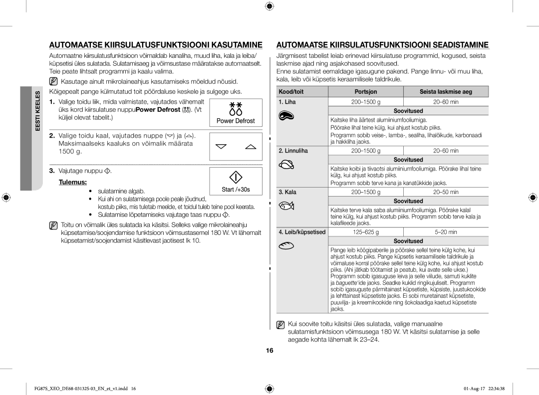 Samsung FG87SUST/XEO Automaatse Kiirsulatusfunktsiooni Kasutamine, Automaatse Kiirsulatusfunktsiooni Seadistamine, Tulemus 