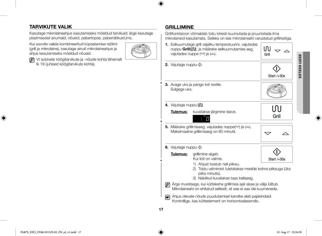 Samsung FG87SUB/XEO, FG87SUST/XEO manual Tarvikute Valik, Grillimine 