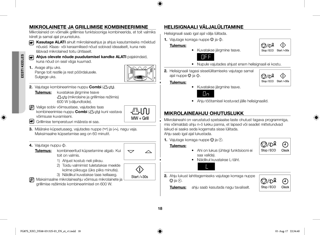 Samsung FG87SUST/XEO Mikrolainete JA Grillimise Kombineerimine, Helisignaali Väljalülitamine, Mikrolaineahju Ohutuslukk 