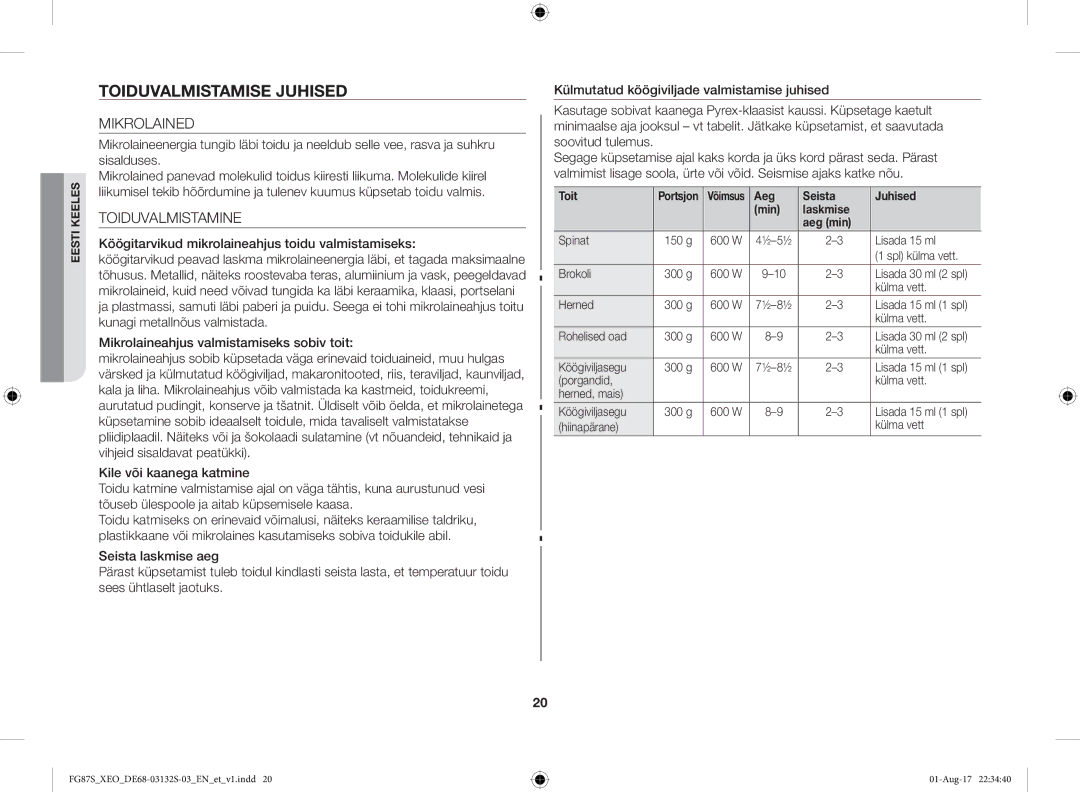 Samsung FG87SUST/XEO, FG87SUB/XEO manual Toiduvalmistamise Juhised, Mikrolained, Toiduvalmistamine, Toit 