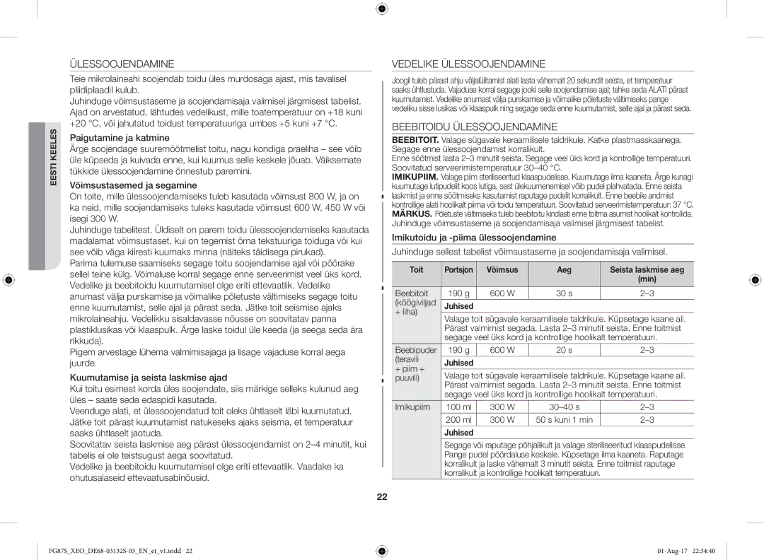 Samsung FG87SUST/XEO, FG87SUB/XEO manual Vedelike Ülessoojendamine, Beebitoidu Ülessoojendamine, Võimsus Aeg 