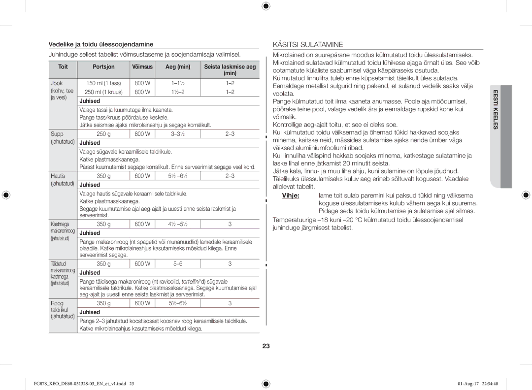 Samsung FG87SUB/XEO, FG87SUST/XEO manual Käsitsi Sulatamine 