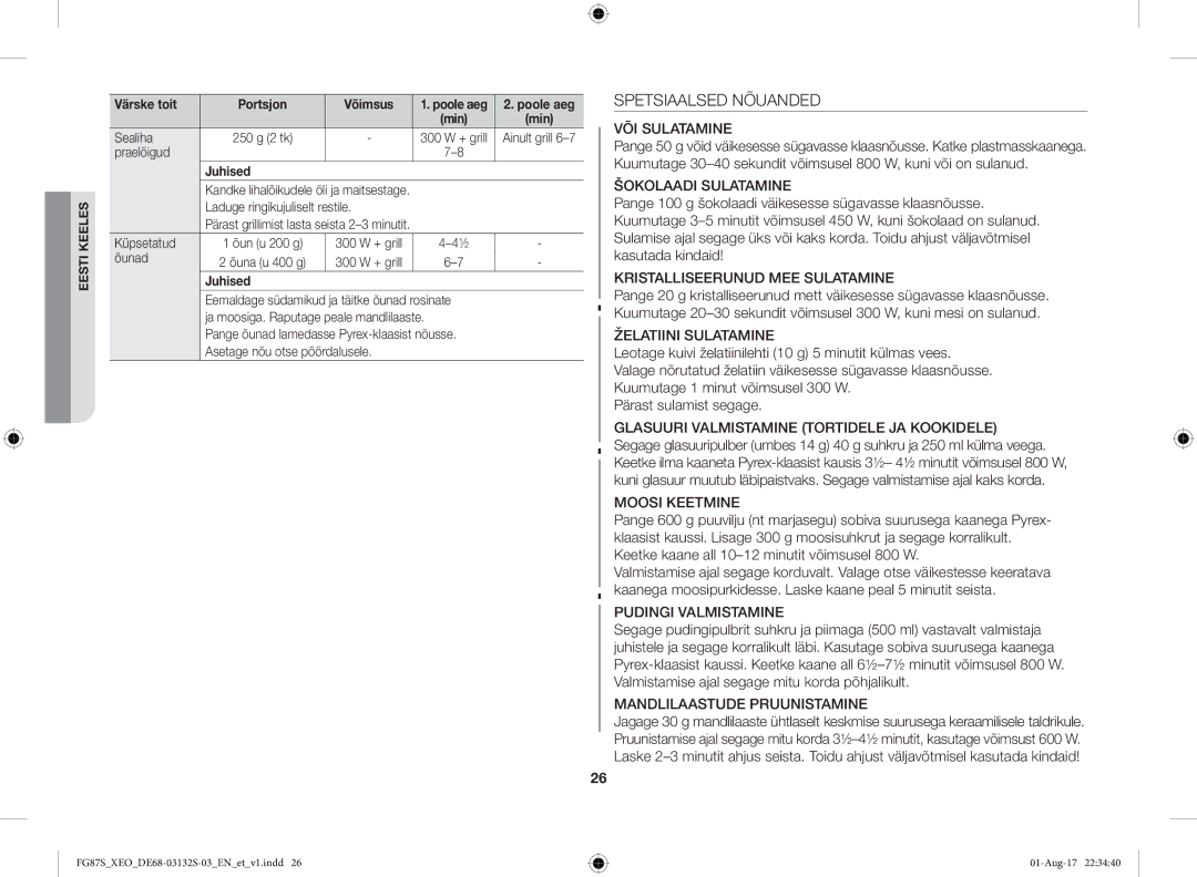 Samsung FG87SUST/XEO, FG87SUB/XEO manual Spetsiaalsed Nõuanded, VÕI Sulatamine 