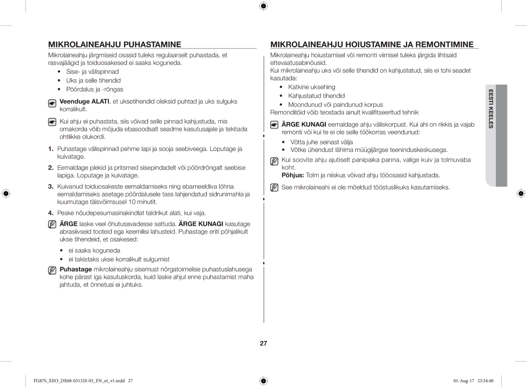 Samsung FG87SUB/XEO, FG87SUST/XEO manual Mikrolaineahju Puhastamine, Mikrolaineahju Hoiustamine JA Remontimine 