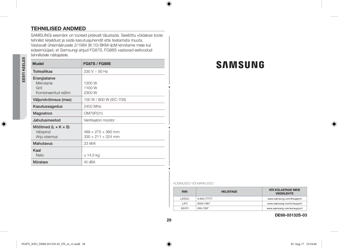 Samsung FG87SUST/XEO, FG87SUB/XEO manual Tehnilised Andmed, DE68-03132S-03, Mudel FG87S / FG88S 