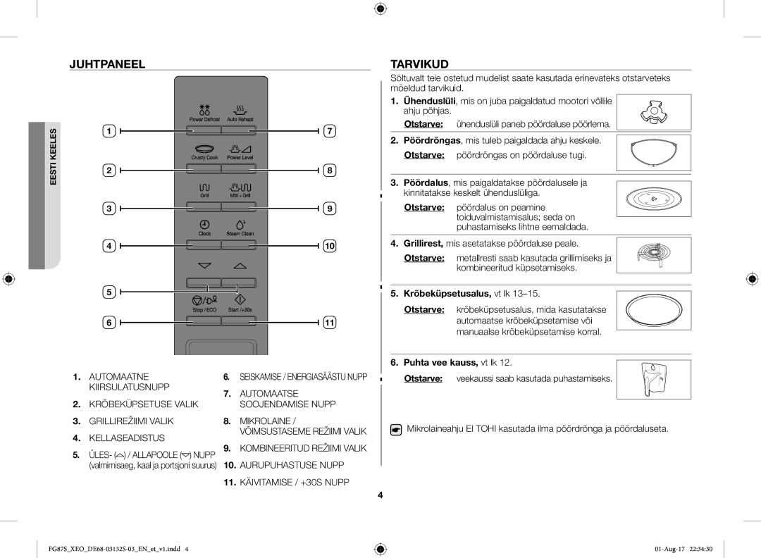 Samsung FG87SUST/XEO, FG87SUB/XEO manual Juhtpaneel Tarvikud, Otstarve Krõbeküpsetusalus, vt lk Puhta vee kauss, vt lk 