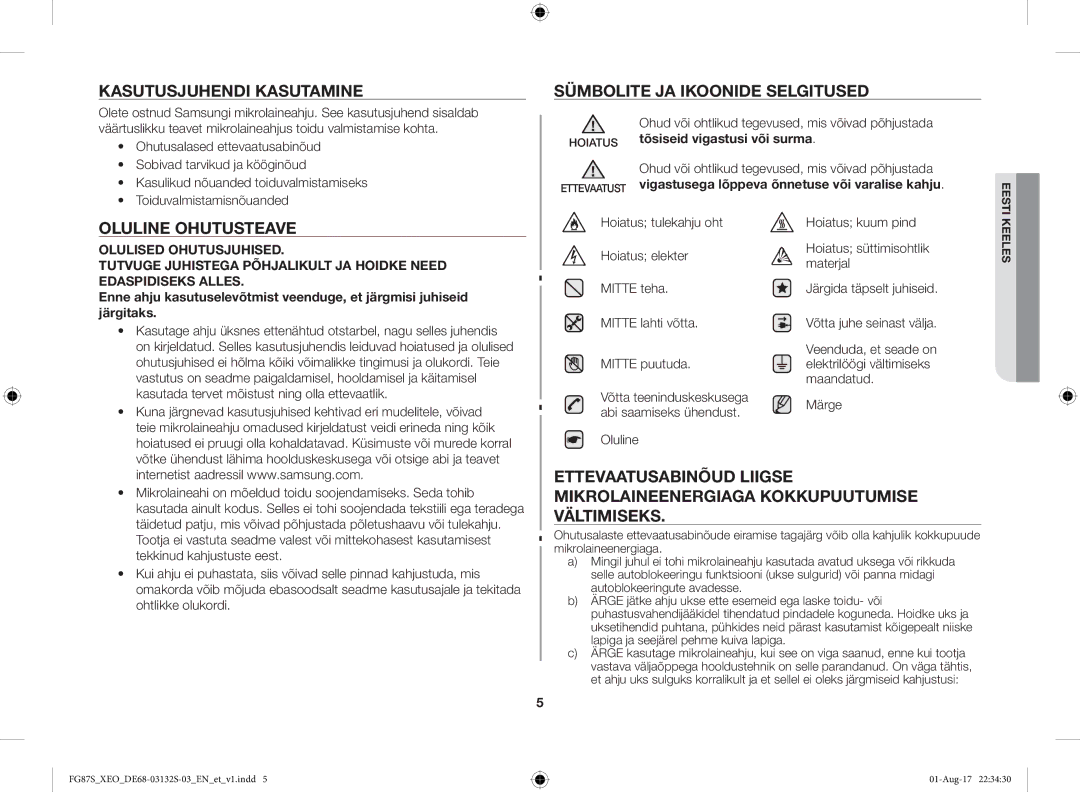 Samsung FG87SUB/XEO, FG87SUST/XEO manual Kasutusjuhendi Kasutamine Sümbolite JA Ikoonide Selgitused, Oluline Ohutusteave 