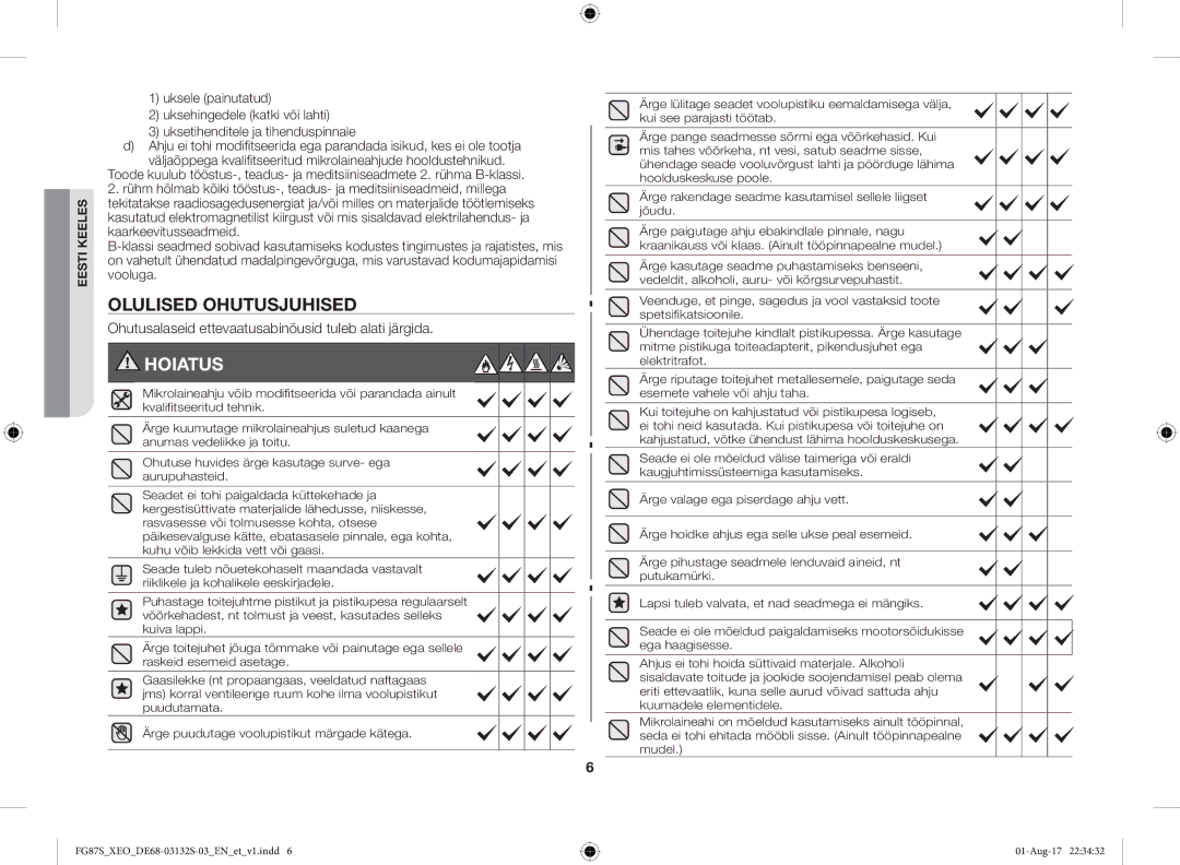 Samsung FG87SUST/XEO, FG87SUB/XEO manual Olulised Ohutusjuhised, Hoiatus 