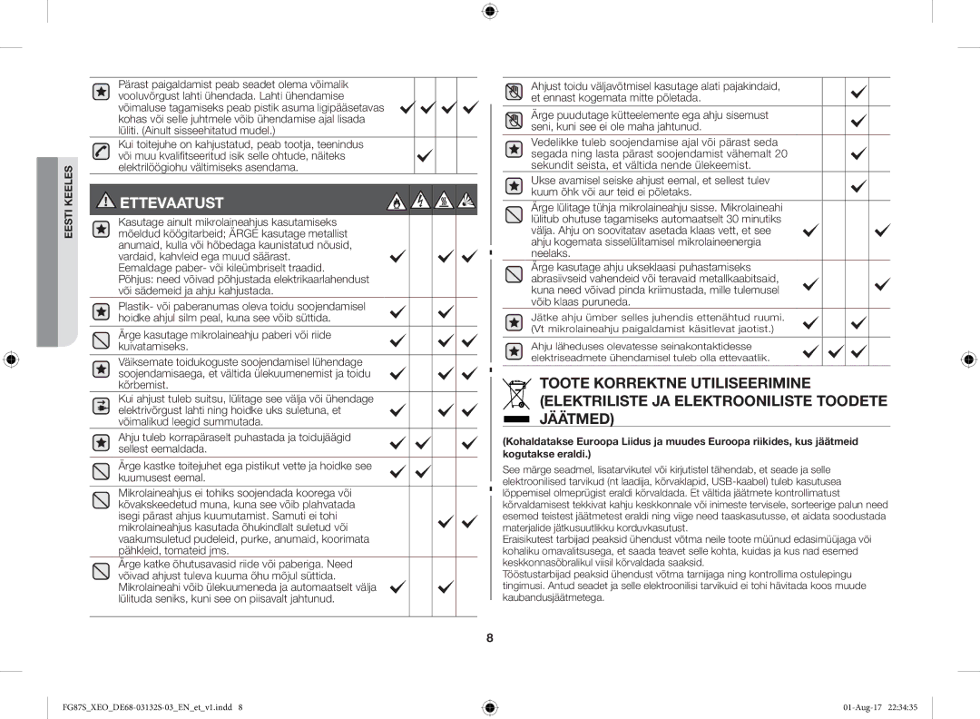 Samsung FG87SUST/XEO, FG87SUB/XEO manual Ettevaatust 