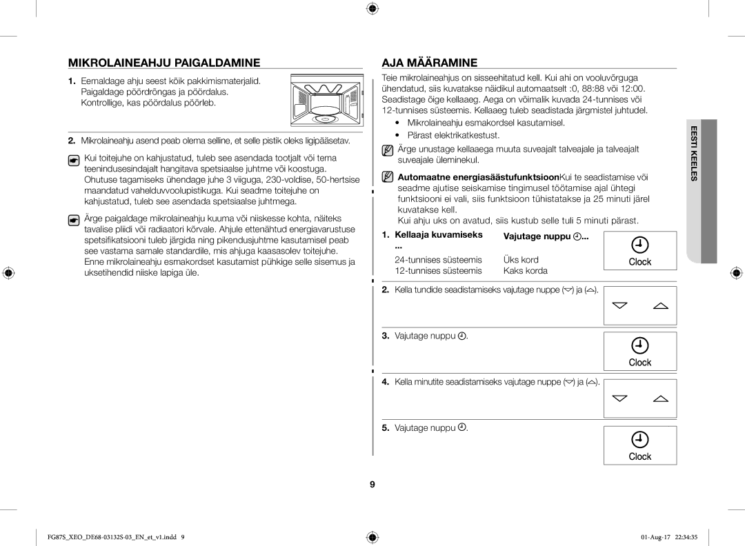 Samsung FG87SUB/XEO, FG87SUST/XEO manual Mikrolaineahju Paigaldamine, AJA Määramine, Kellaaja kuvamiseks Vajutage nuppu 