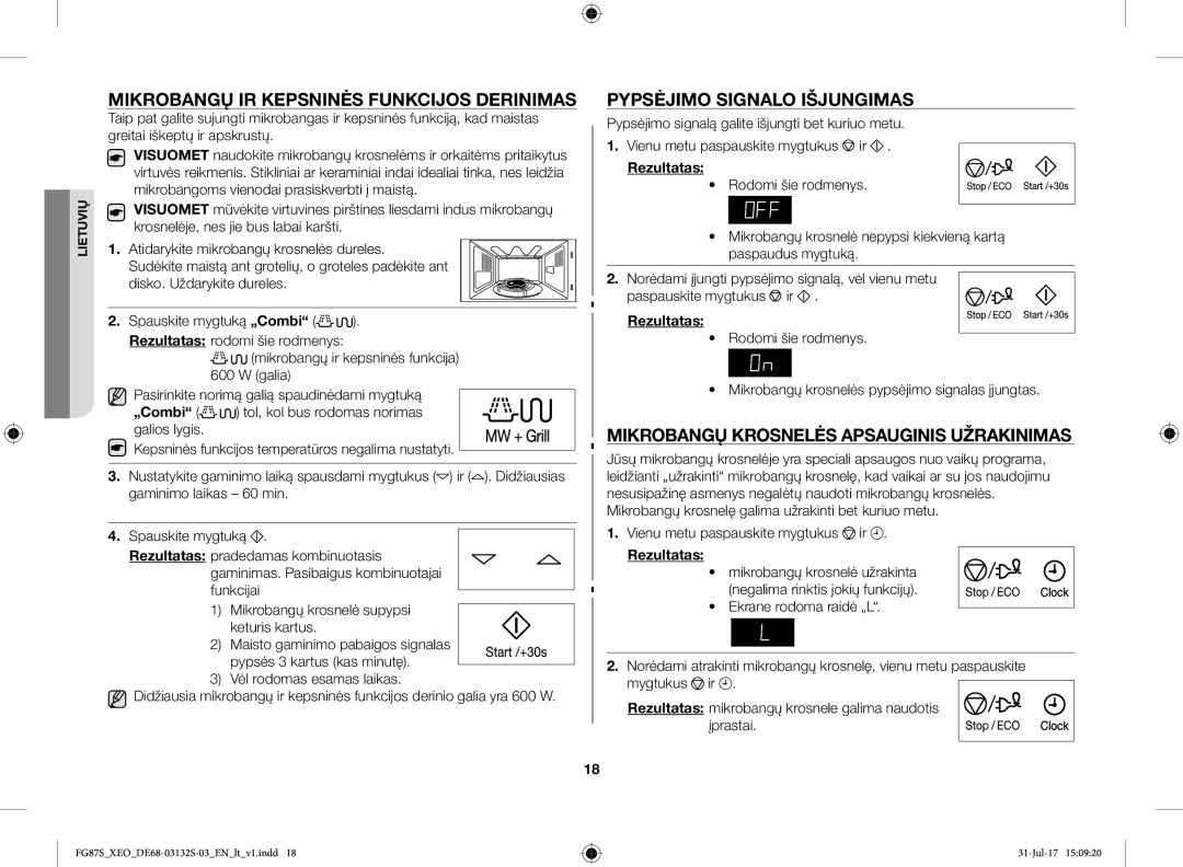 Samsung FG87SUST/XEO, FG87SUB/XEO manual Mikrobangų IR Kepsninės Funkcijos Derinimas, Pypsėjimo Signalo Išjungimas 