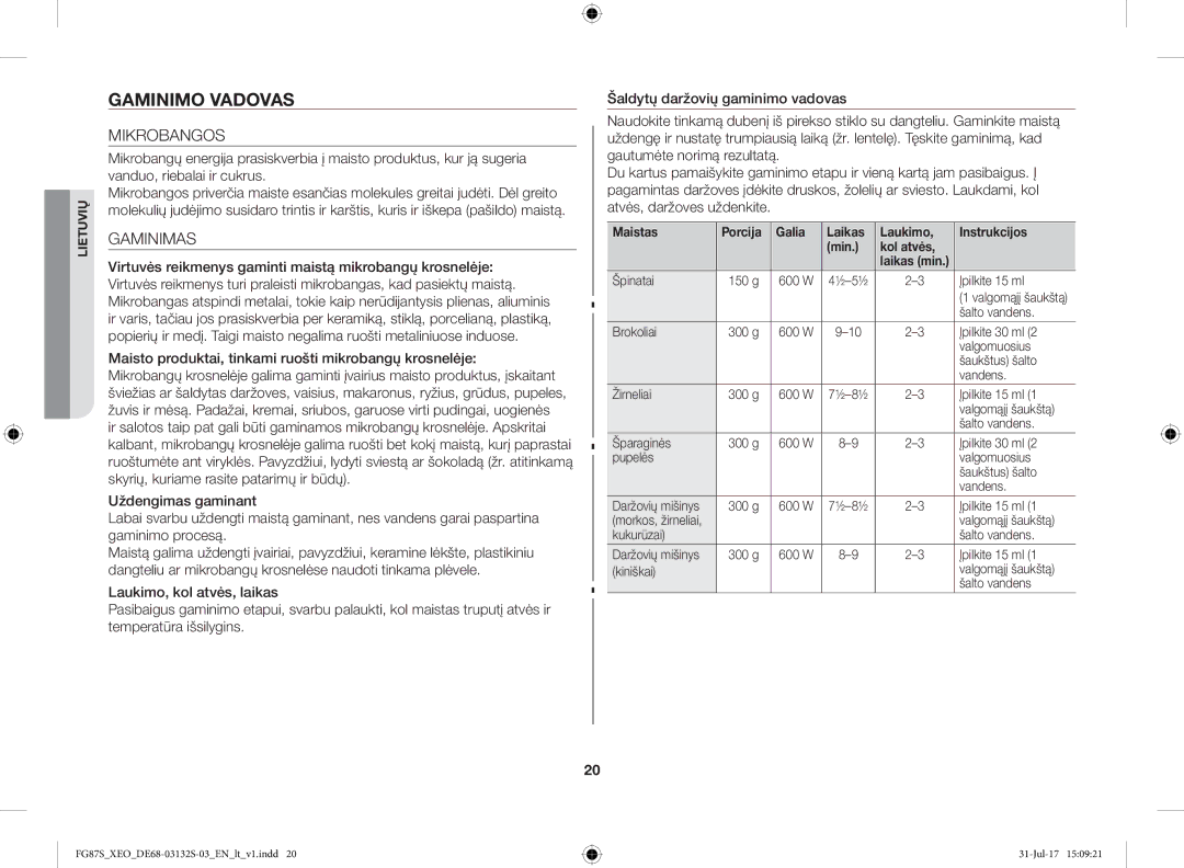 Samsung FG87SUST/XEO, FG87SUB/XEO manual Gaminimo Vadovas, Mikrobangos, Gaminimas 