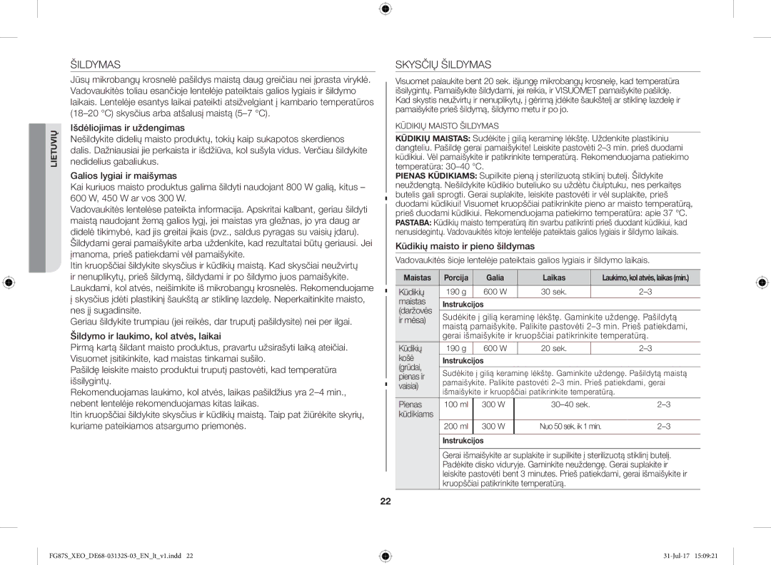 Samsung FG87SUST/XEO, FG87SUB/XEO manual Skysčių Šildymas, Kūdikių maisto ir pieno šildymas 