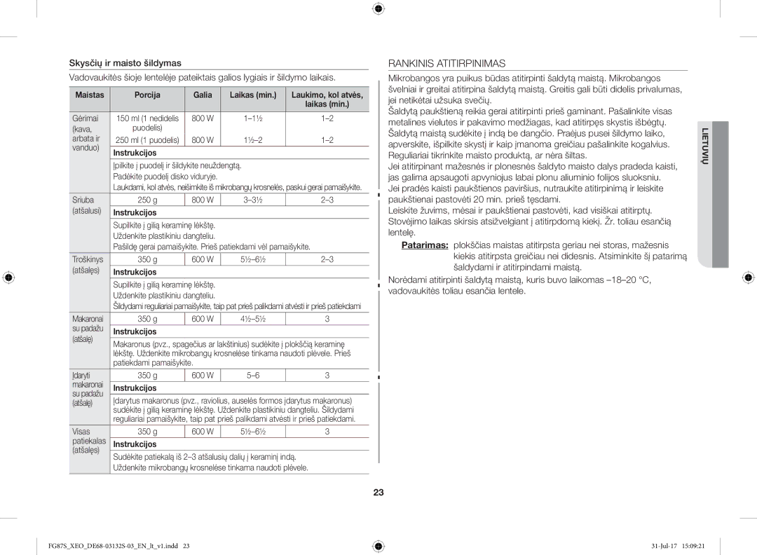 Samsung FG87SUB/XEO, FG87SUST/XEO manual Rankinis Atitirpinimas, Maistas Porcija Galia Laikas min 