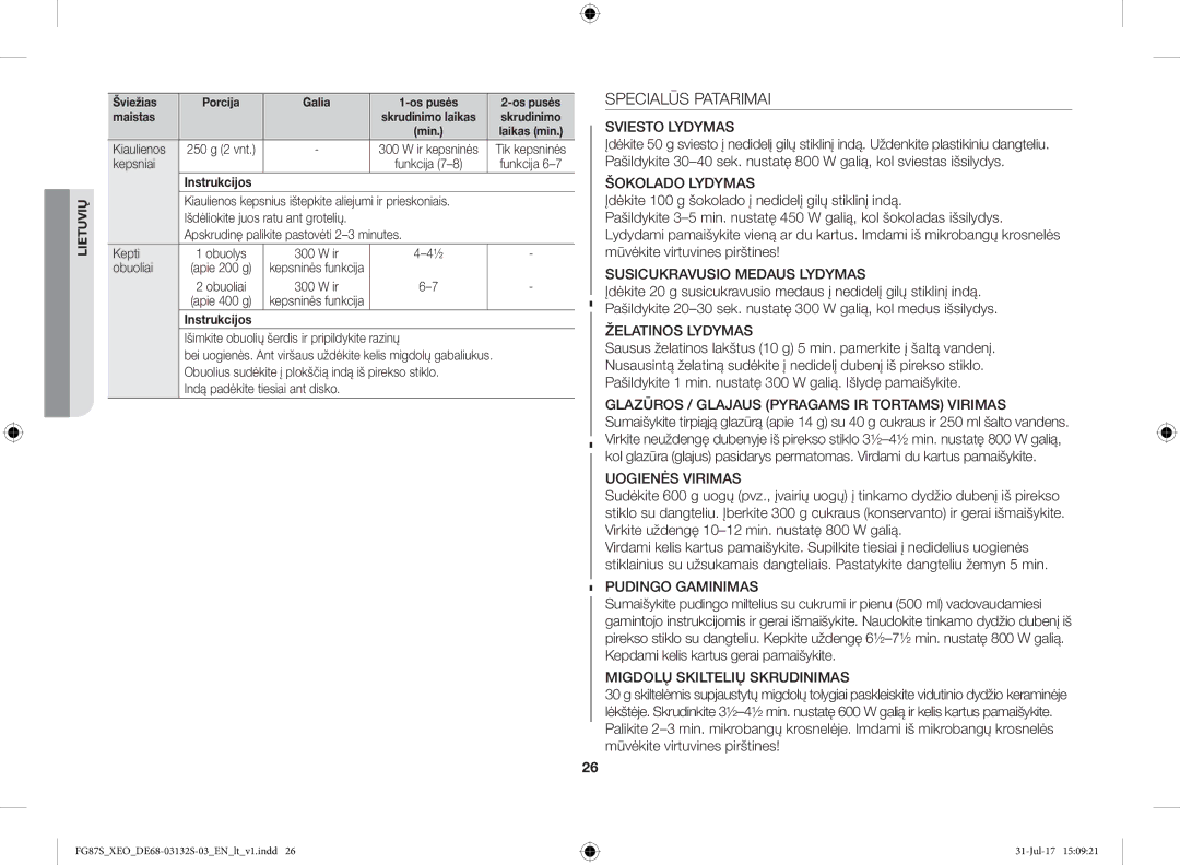 Samsung FG87SUST/XEO, FG87SUB/XEO manual Specialūs Patarimai, Apskrudinę palikite pastovėti 2-3 minutes Kepti, Obuoliai 