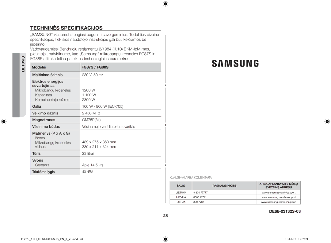 Samsung FG87SUST/XEO, FG87SUB/XEO manual Techninės Specifikacijos, DE68-03132S-03, Modelis FG87S / FG88S 