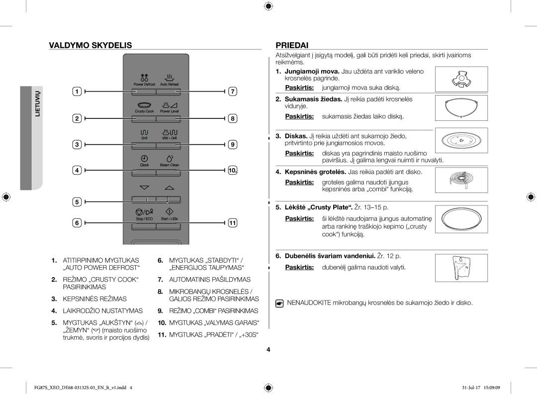 Samsung FG87SUST/XEO, FG87SUB/XEO manual Valdymo Skydelis Priedai, Sukamasis žiedas. Jį reikia padėti krosnelės viduryje 